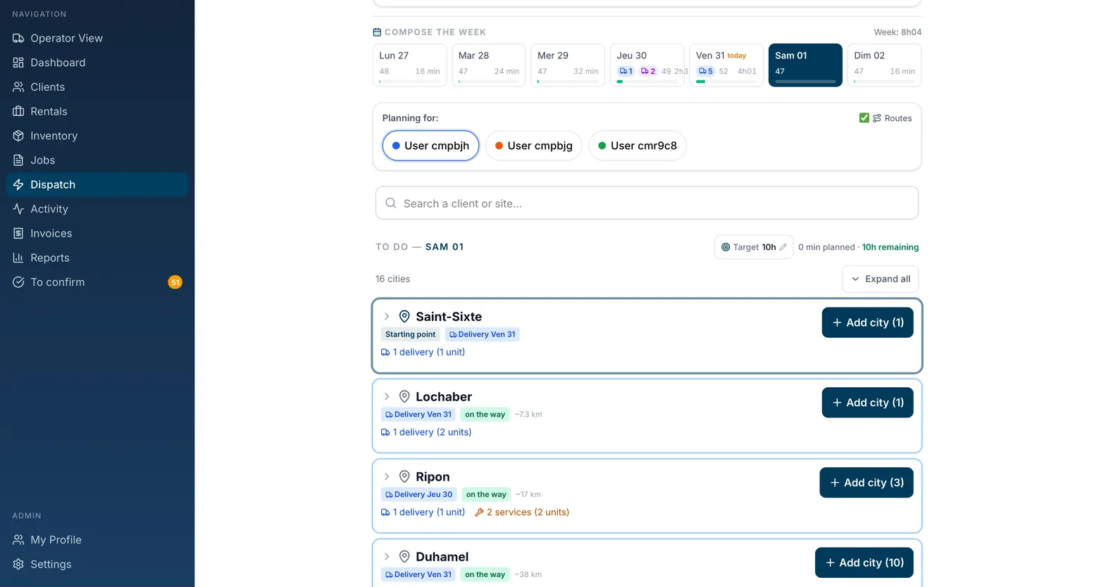 OpsNode dispatch as it runs in production: the week composed day by day, then visits grouped by town with their estimated workload.