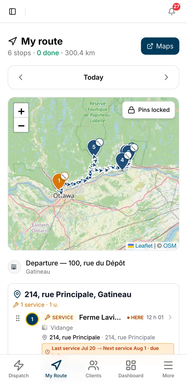 The driver app: today's route, six stops sequenced on the real map.