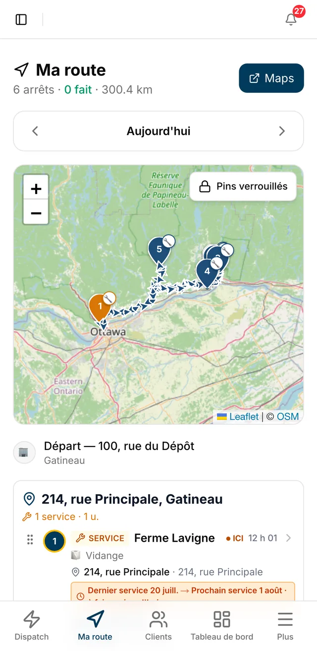 L'application chauffeur : la route du jour, six arrêts ordonnés sur la carte réelle.